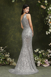 One Shoulder Silver Sequins Bridesmaid Dress Mermaid With Slit-27dress